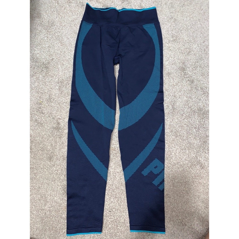 VS PINK Active Navy Blue Teal Seamless Logo Leggings Large Gym Yoga Athleisure